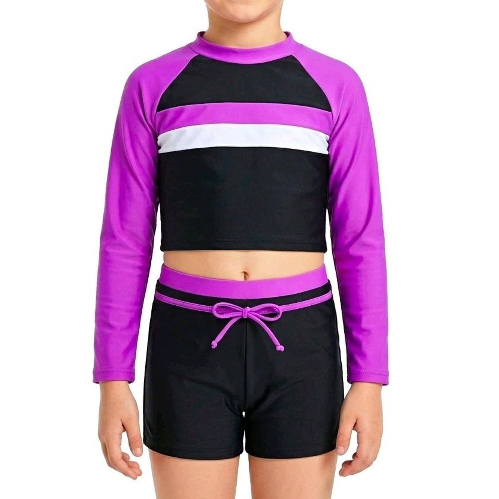 youth Girls 2 Piece Swim Set Long Sleeve Colorblock Shorts 13-14